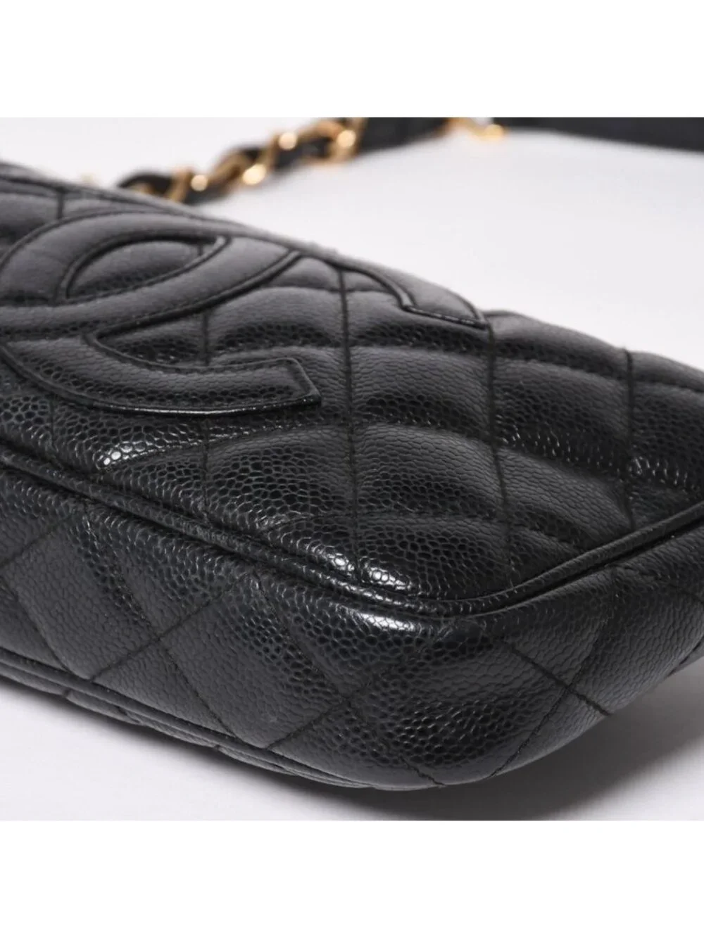 Chanel Chain Shoulder Bag Quilted Caviar Leather CC Logo Black Pouch